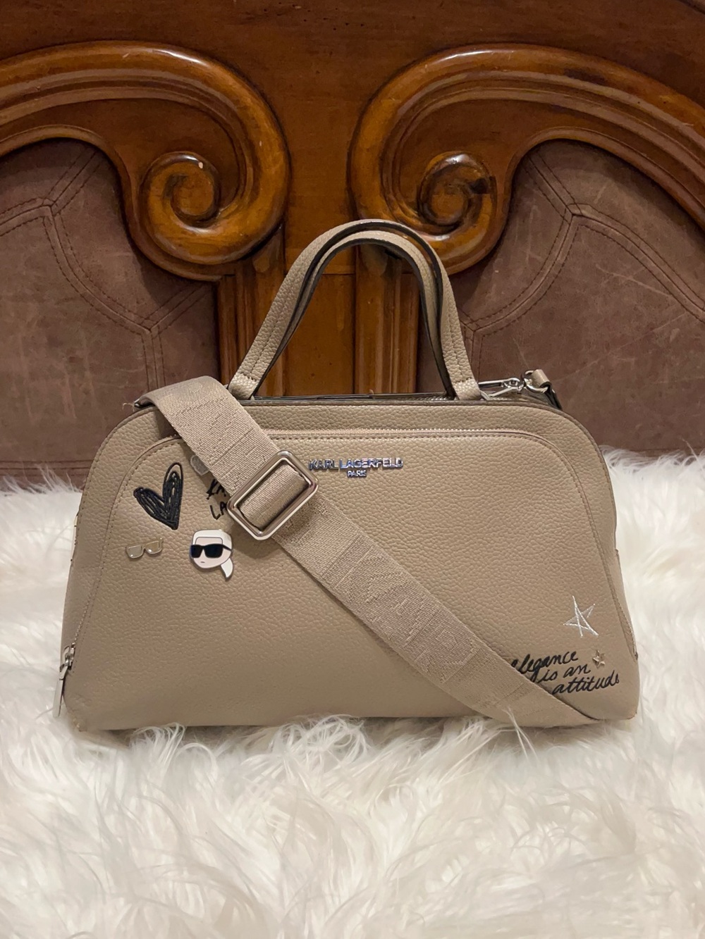 Karl Lagerfeld taupe satchel with playful decals